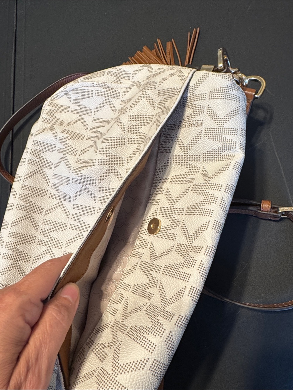 Michael Kors Beige Logo Crossbody with Brown Leather Trim and Tassel - Picture 2 of 5